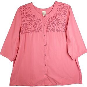 Blair Women's Size 2XL Coral Embroidered Floral Button Front 3/4 Sleeve Blouse